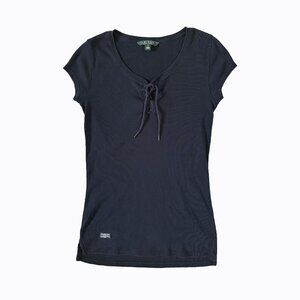 Lauren Ralph Lauren Capri Navy Top SzS Cotton V-Neck Cap Sleeve Y2K Casual Elena